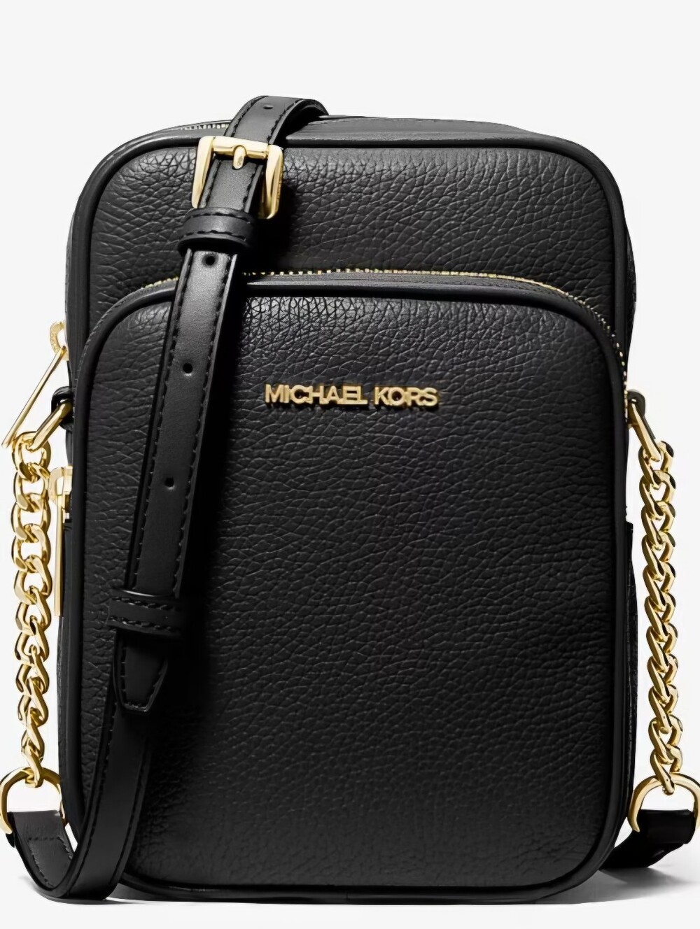 Michael Kors Black Pebbled Leather Camera Crossbody with Gold Chain